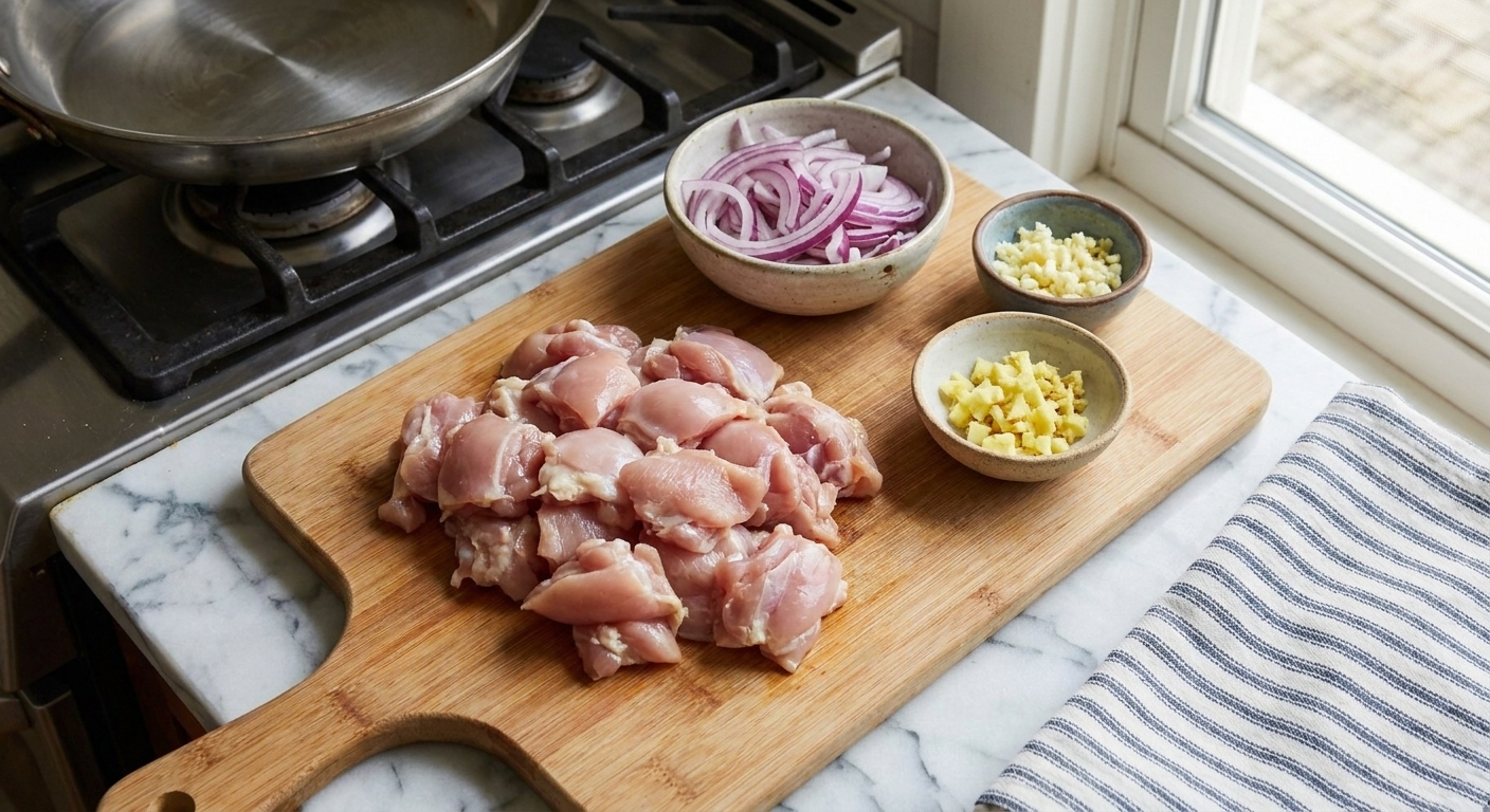 Bite-size pieces of raw chicken thighs on a cutting board beside sliced onion, garlic, and ginger in small bowls