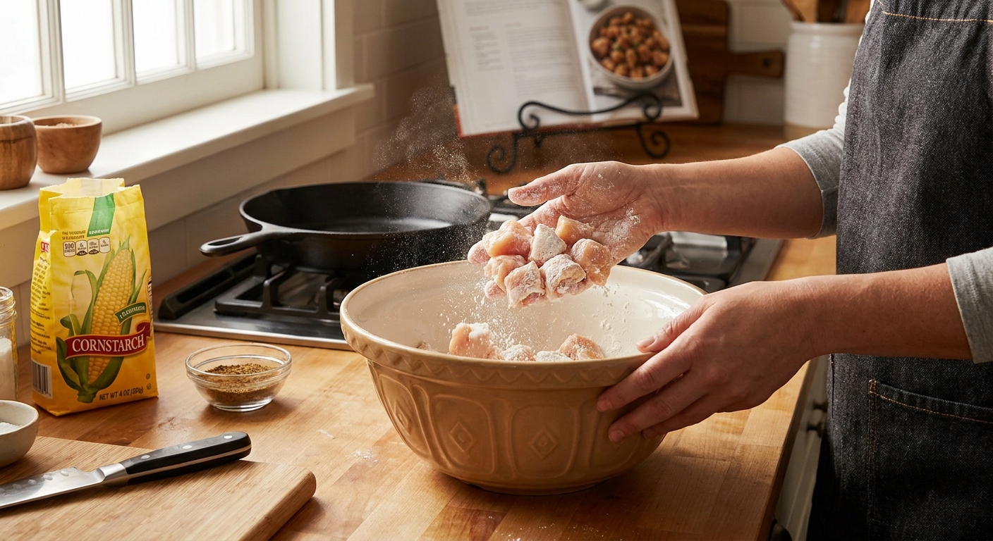 Bite-sized chicken pieces being tossed with cornstarch in a mixing bowl on a clean kitchen counter
