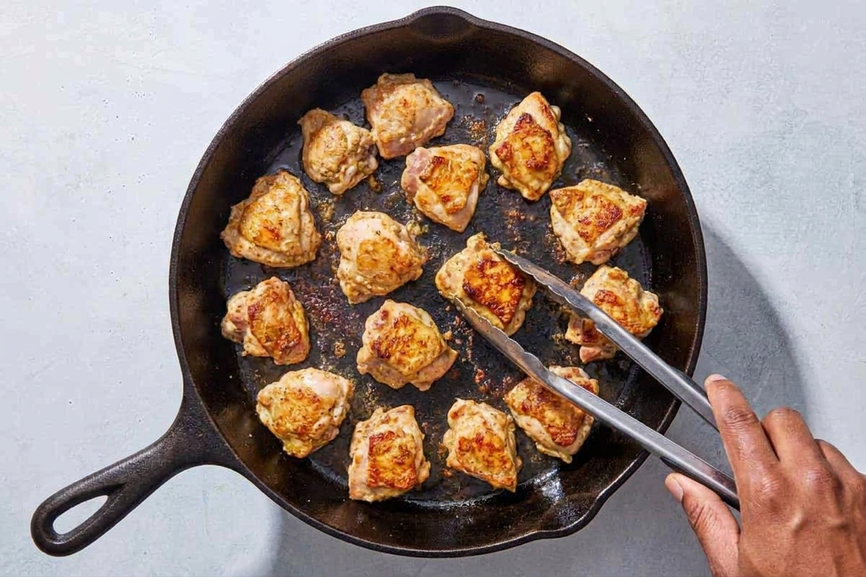 Bite sized chicken pieces browning in a cast iron skillet with visible golden edges and a pair of tongs turning a piece