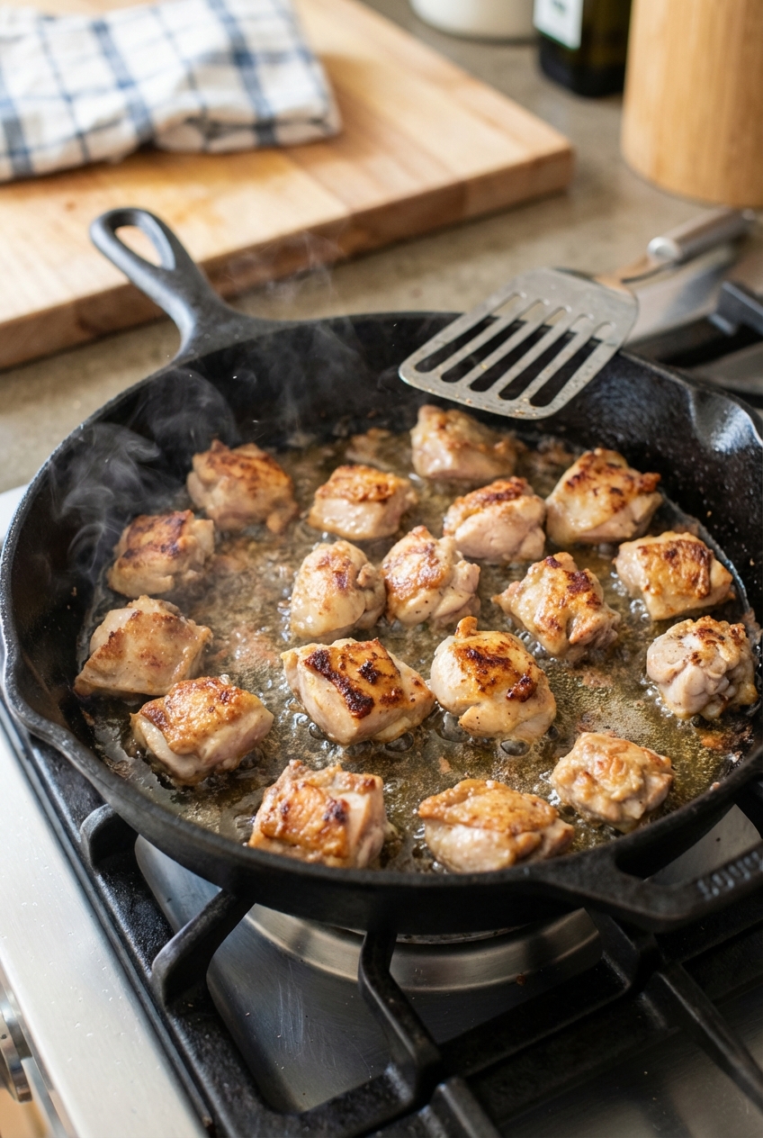 Bite-sized chicken pieces sizzling in a skillet with browned, crisp edges