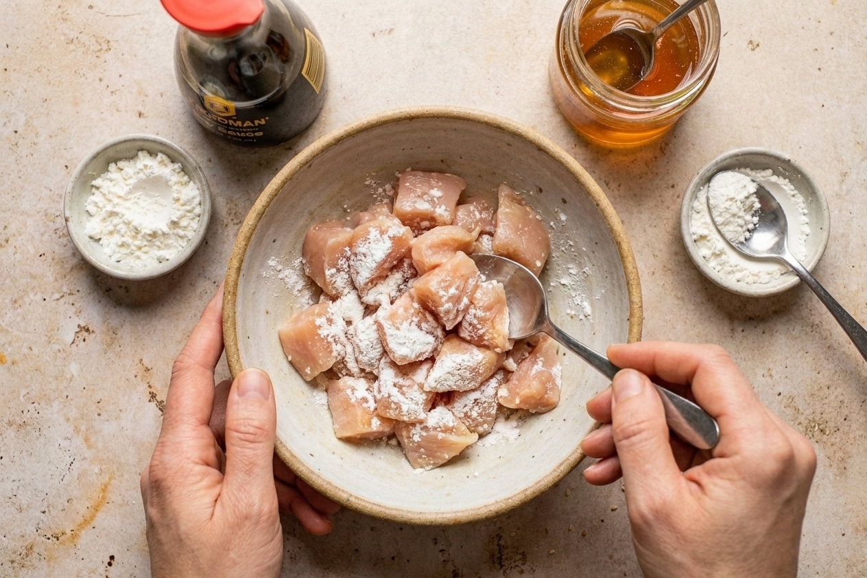Bite-sized chicken pieces tossed with cornstarch in a mixing bowl on a kitchen counter, ready for the skillet