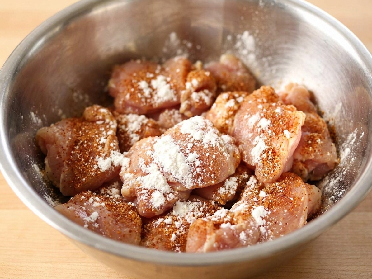 Bite-sized chicken thigh pieces in a mixing bowl dusted with cornstarch and seasoning, ready to be tossed