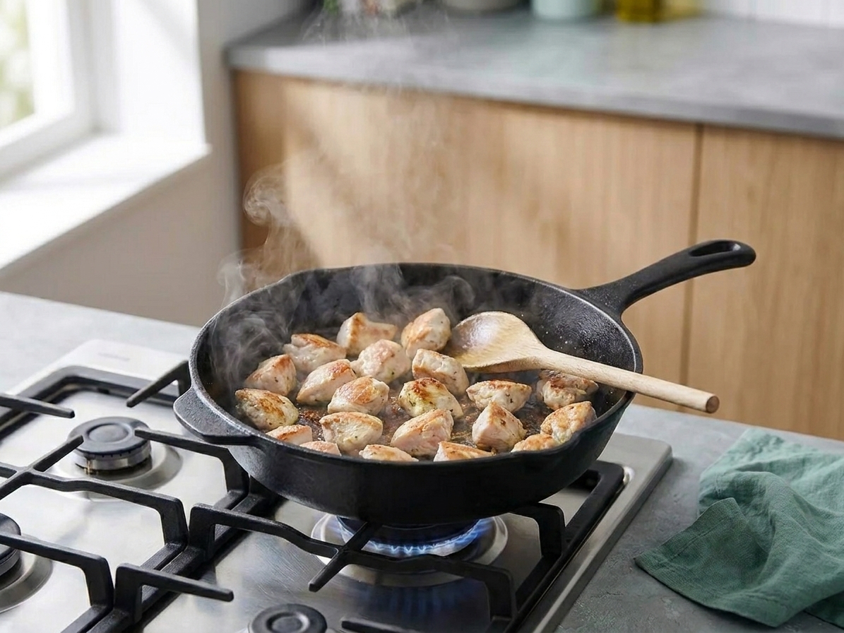 Bite-sized pieces of chicken browning in a hot skillet on a stovetop with a wooden spoon nearby