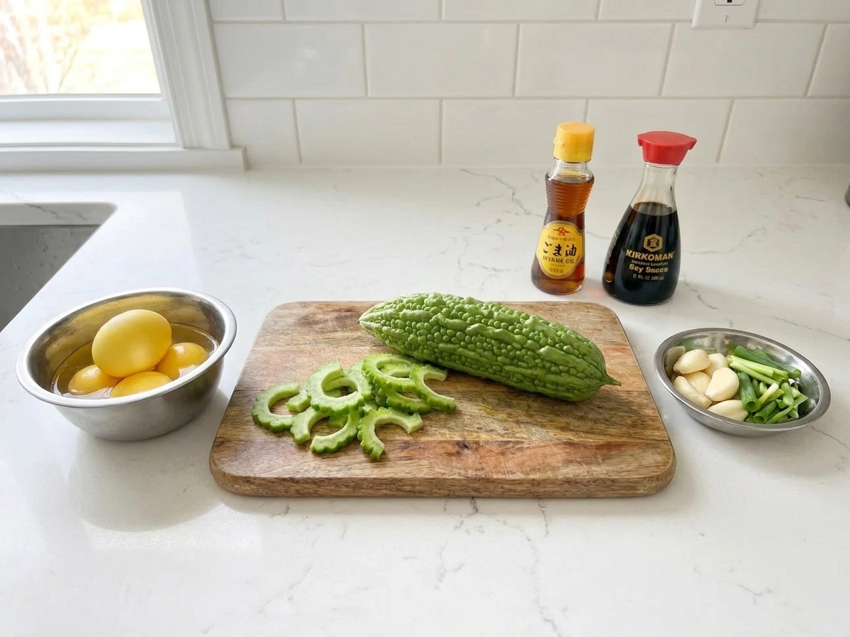 Bitter melon, eggs, garlic, sesame oil, soy sauce, and scallions arranged on a kitchen counter with a cutting board and small prep bowls