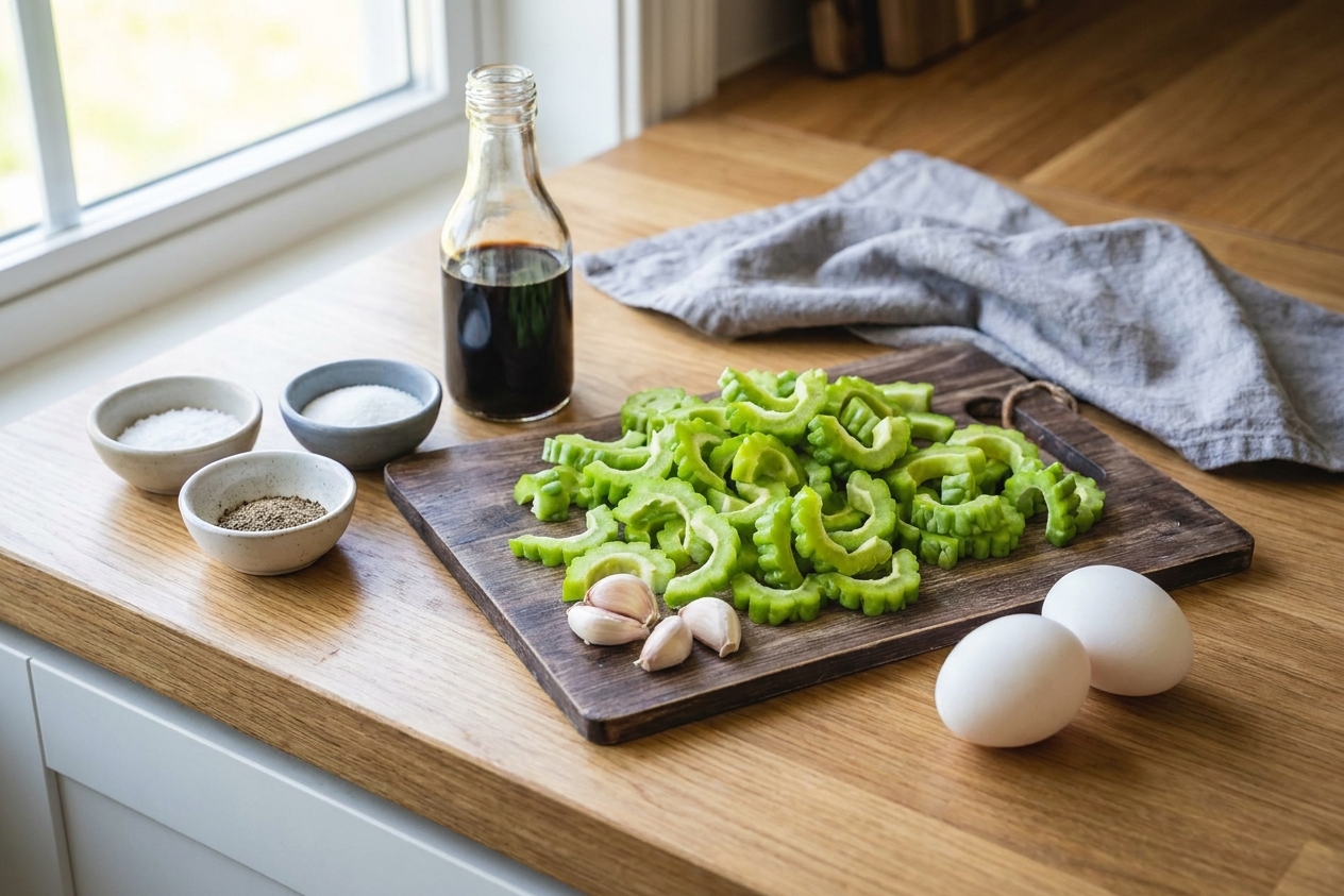 Bitter melon, garlic, eggs, soy sauce, and small bowls of seasonings arranged on a clean kitchen counter