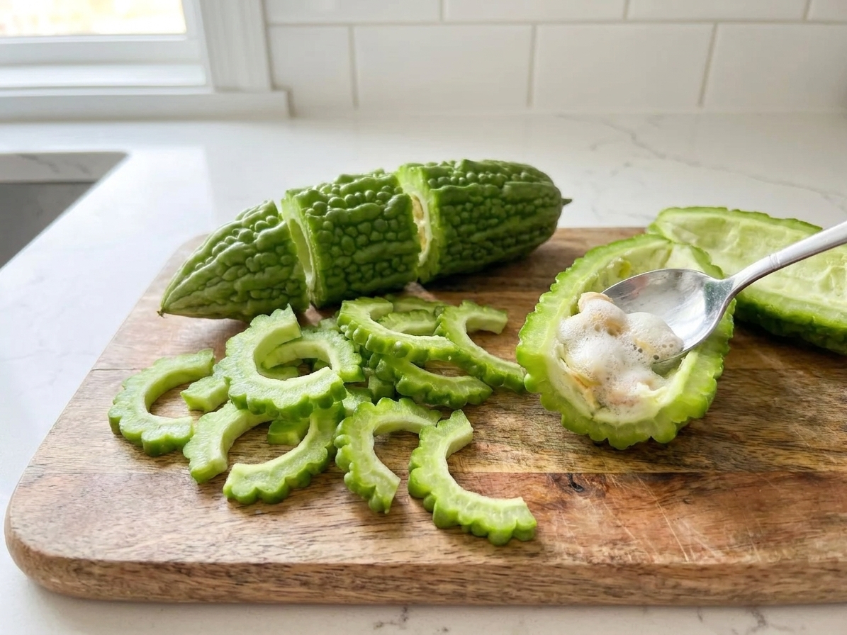 Bitter melon sliced into thin half-moons on a wooden cutting board with a spoon nearby for scooping out the seeds