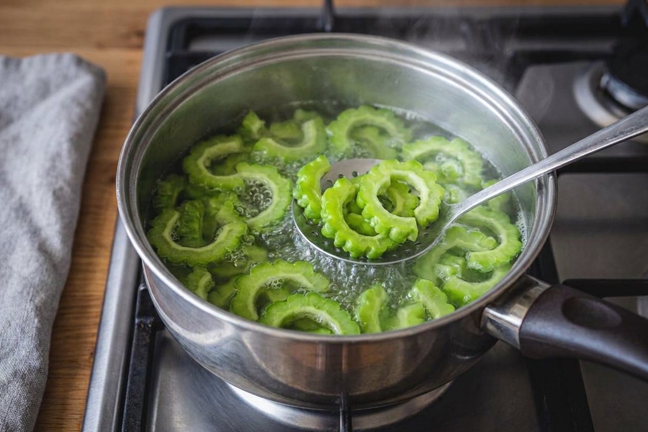 Bitter melon slices in a pot of gently boiling water on a stovetop, captured mid-blanch