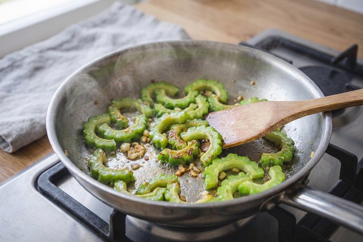 Bitter melon slices sizzling in a hot skillet with garlic, showing lightly browned edges