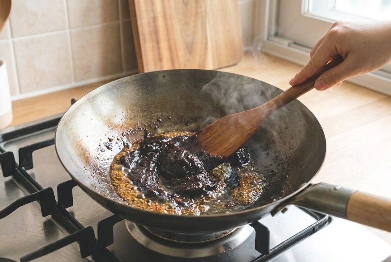 Black bean paste being stirred in hot oil in a large wok on a stovetop