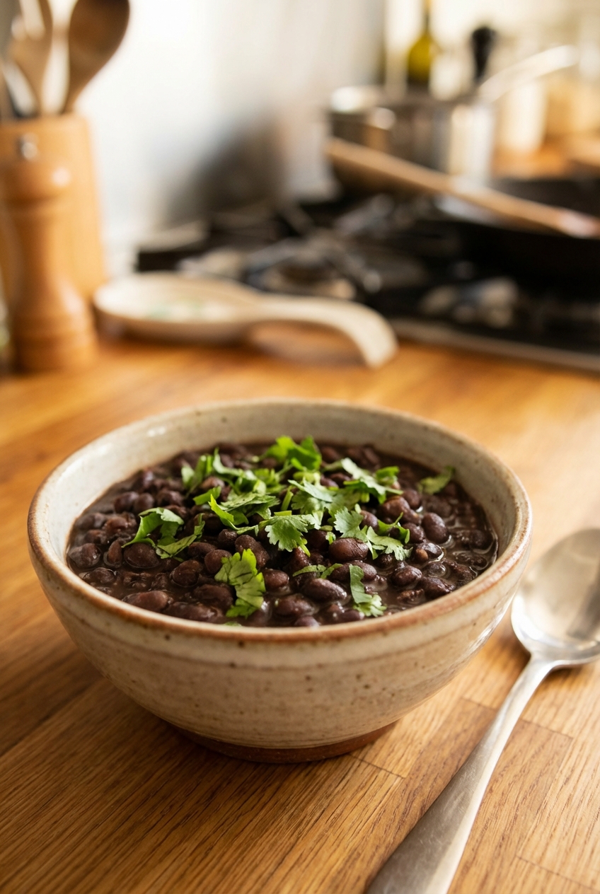 Black beans in a small bowl topped with chopped cilantro