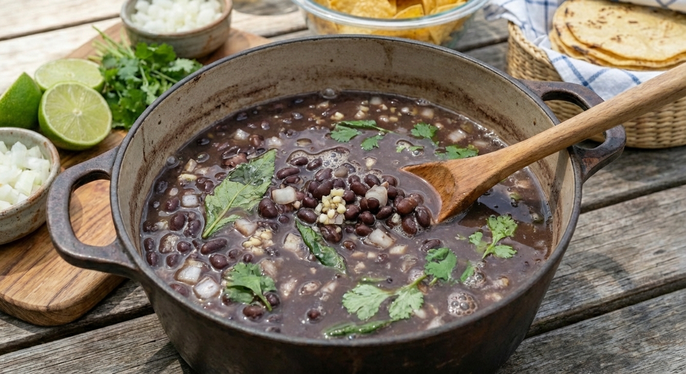 Black beans simmered in a pot with onions and herbs