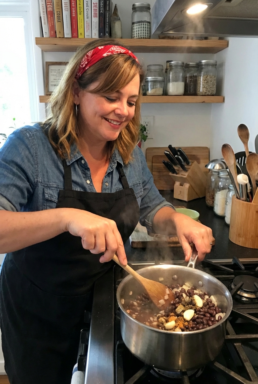 Black beans simmered in a small pot with onions and spices