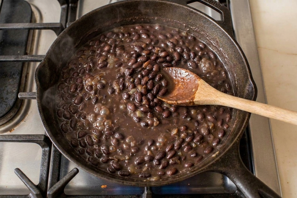 Black beans simmering in a skillet with a thickening sauce bubbling gently