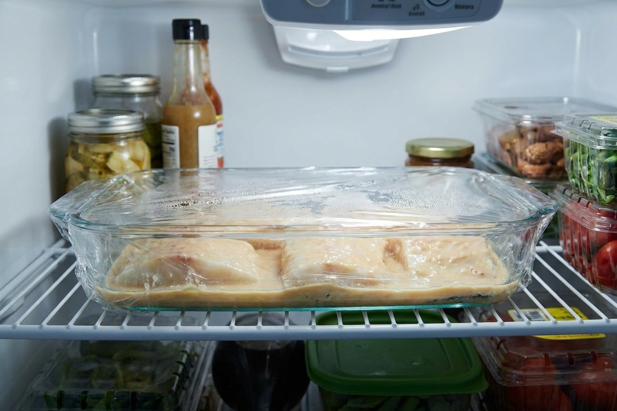 Black cod fillets coated in pale miso marinade in a glass baking dish covered and resting on a refrigerator shelf