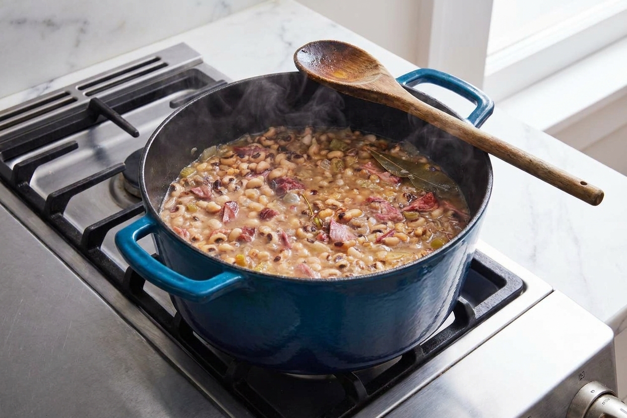 Black-eyed peas gently simmering in a Dutch oven on a stovetop with a wooden spoon resting on the rim
