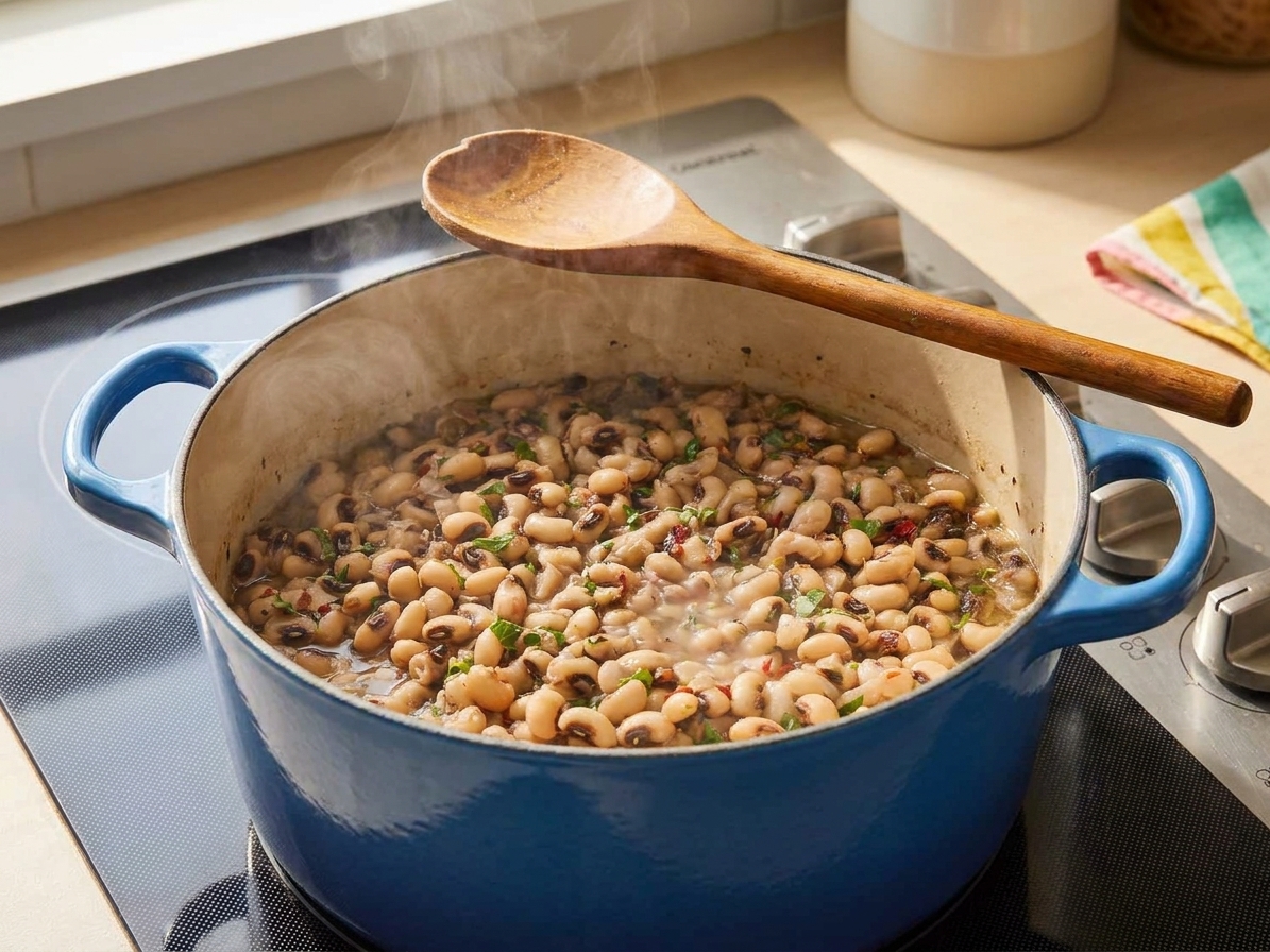 Black-eyed peas simmering in a Dutch oven on a stovetop with a wooden spoon resting on the rim, steam rising in warm kitchen light