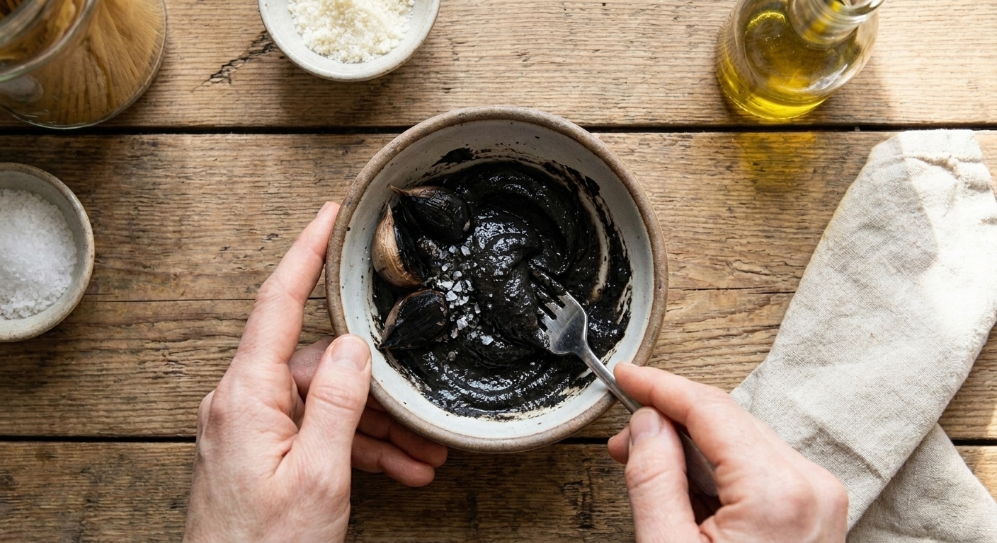 Black garlic cloves being mashed into a smooth paste with salt in a small bowl on a kitchen counter