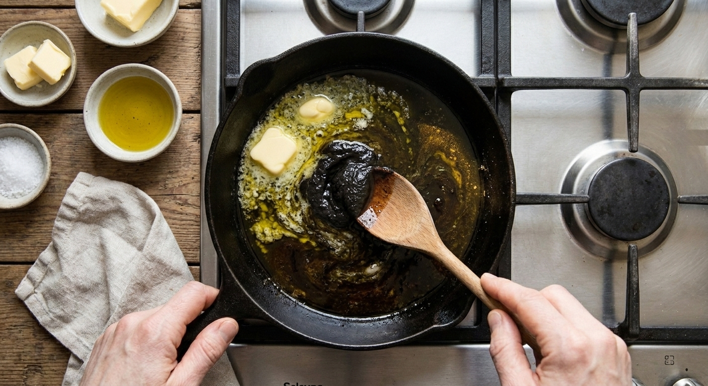 Black garlic paste melting into butter and olive oil in a skillet on a stovetop, forming a glossy dark sauce