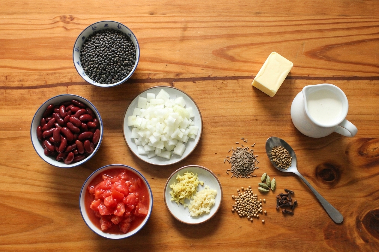 Black lentils, canned kidney beans, onion, tomatoes, ginger, garlic, butter, cream, and spices arranged on a clean kitchen counter under warm light