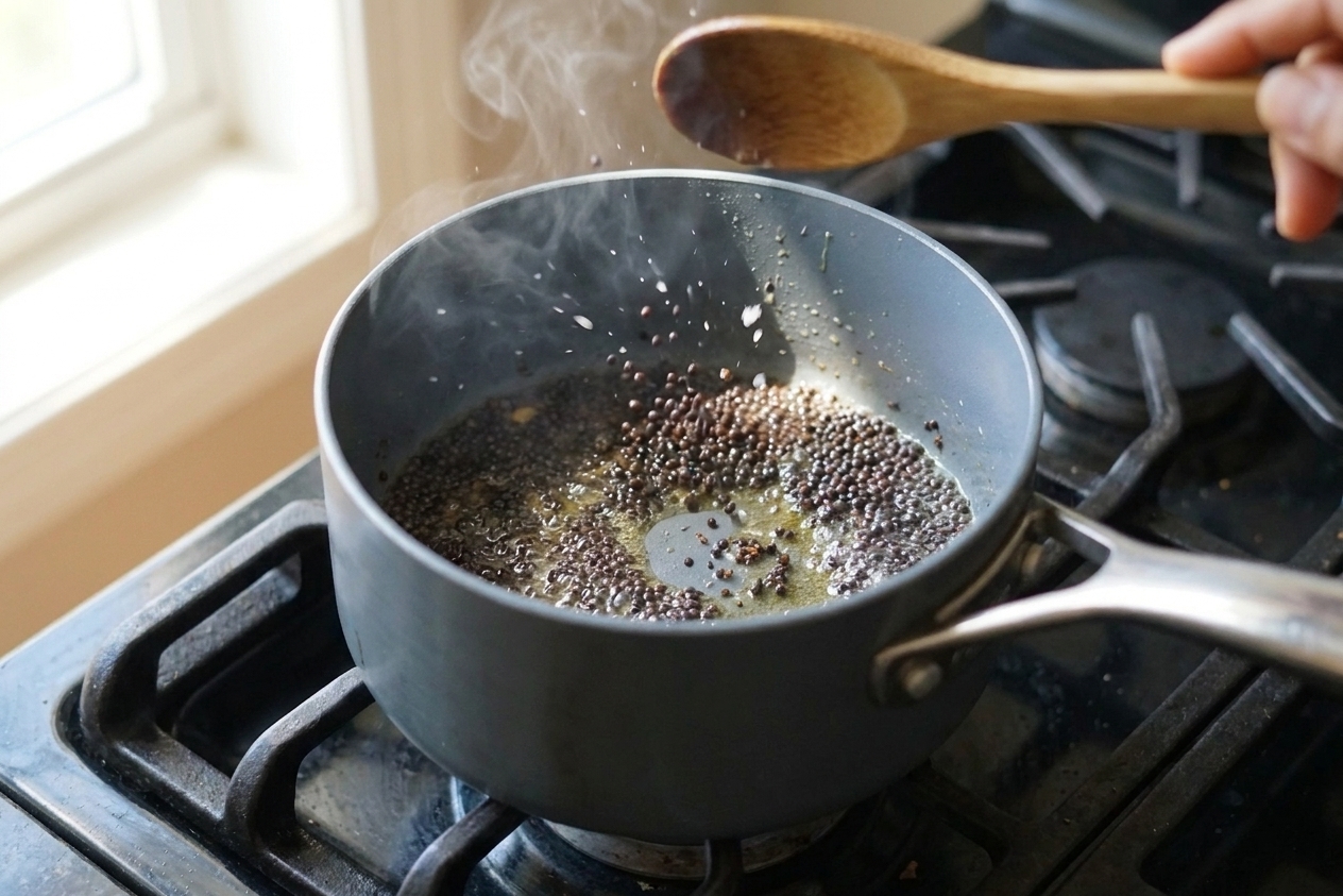 Black mustard seeds sizzling and popping in hot oil in a small skillet on a stovetop
