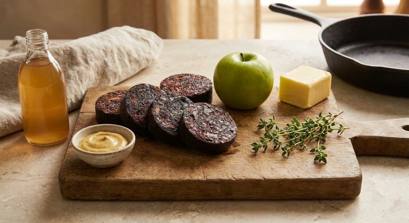 Black pudding slices, a green apple, Dijon mustard, butter, vinegar, and fresh thyme arranged on a light stone kitchen counter with a cutting board