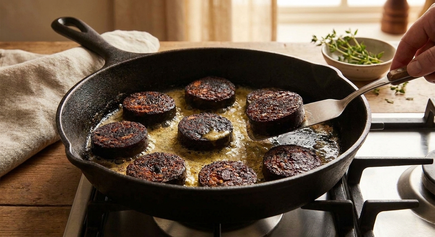 Black pudding slices browning in a cast iron skillet with bubbling butter, edges turning crisp and dark on a stovetop