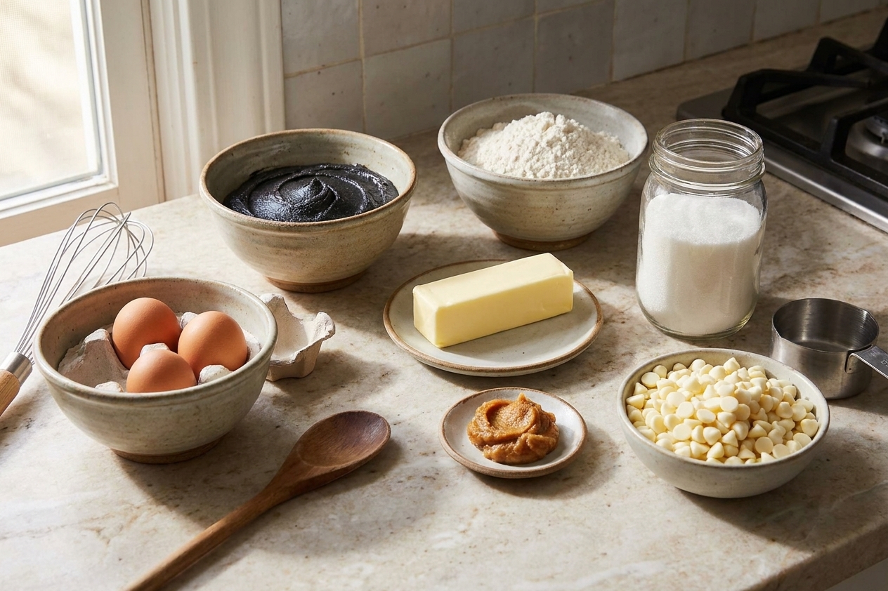 Black sesame paste, flour, sugar, butter, eggs, miso, and white chocolate chips arranged on a light stone kitchen counter with consistent warm lighting