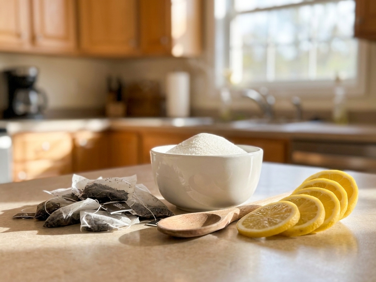 Black tea bags, a small bowl of sugar, sliced lemons, and a wooden spoon arranged on a bright kitchen counter