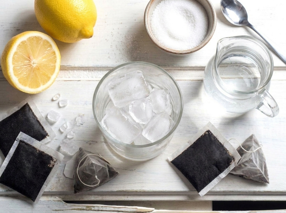 Black tea bags, fresh lemons, sugar, a small pitcher of water, and a glass of ice arranged on a clean kitchen counter with bright natural light