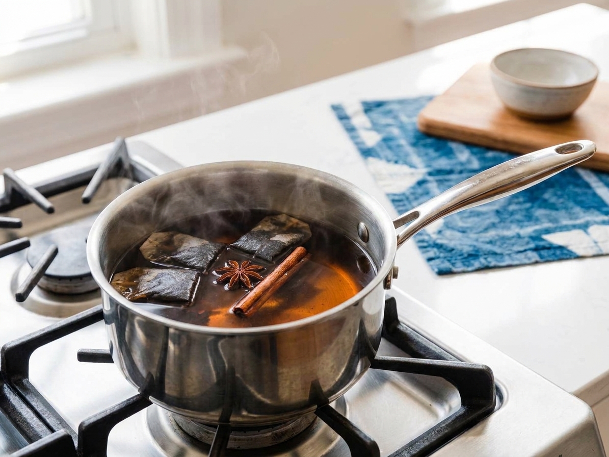 Black tea bags steeping in a small saucepan with star anise and a cinnamon stick on a home stove