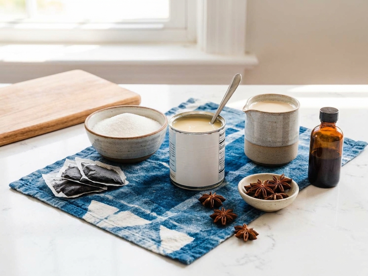 Black tea bags, sugar, sweetened condensed milk, evaporated milk, star anise, and vanilla on a tidy kitchen counter with warm natural light
