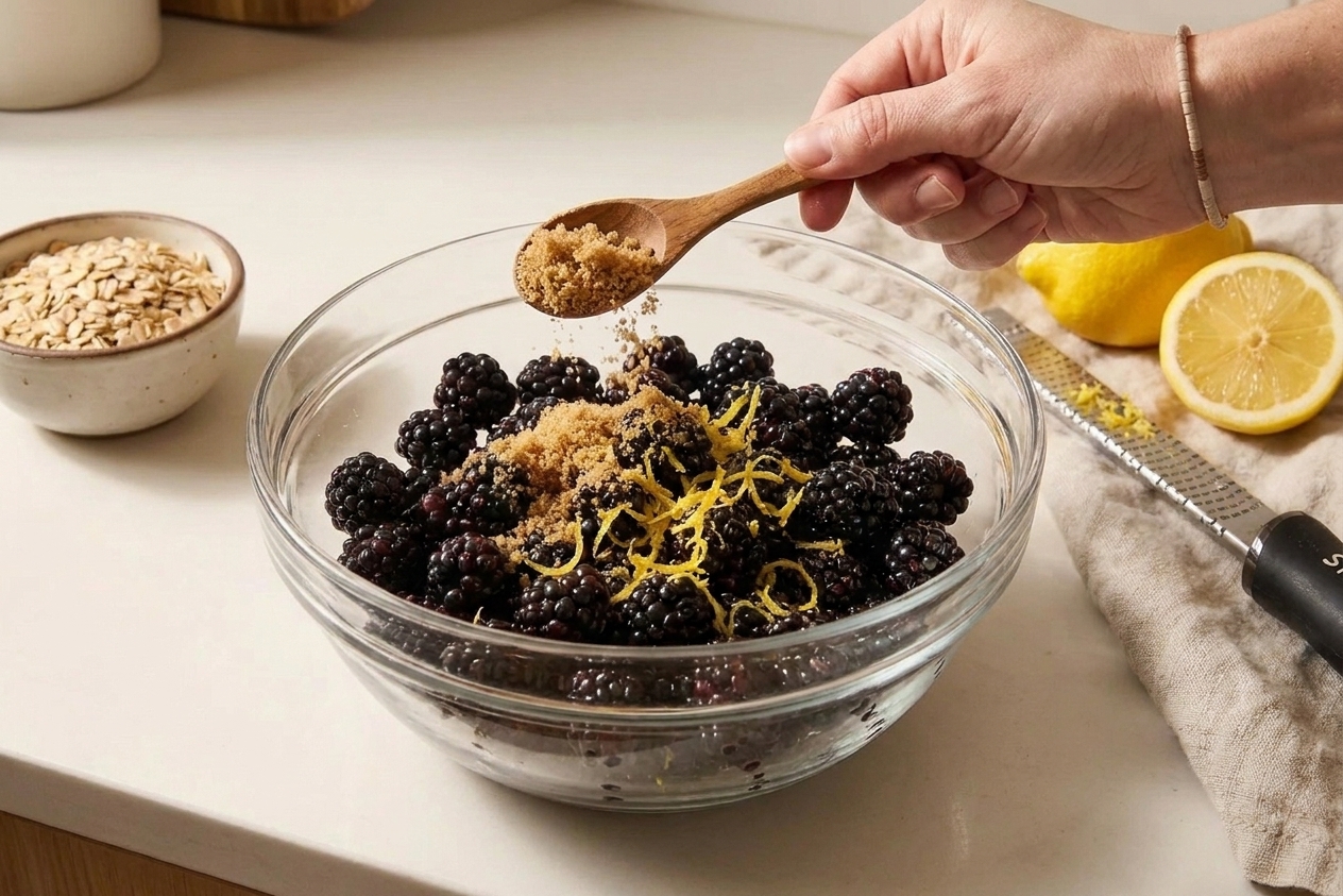 Blackberries in a glass bowl with lemon zest and sugar being added on a kitchen counter