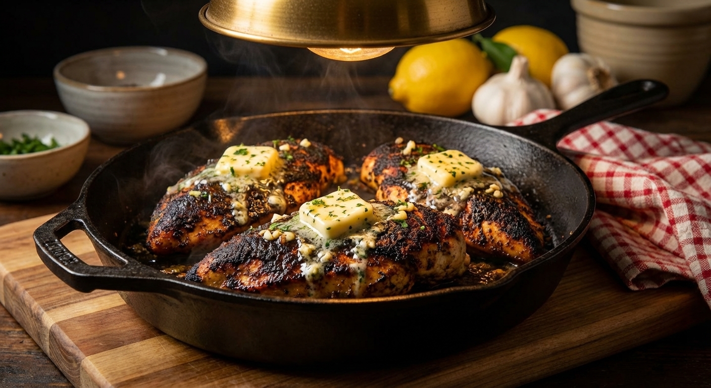 Blackened chicken breasts with dark, crisp seasoning crust in a cast-iron skillet, topped with melting lemon-garlic Cajun butter, warm kitchen lighting, real food photography