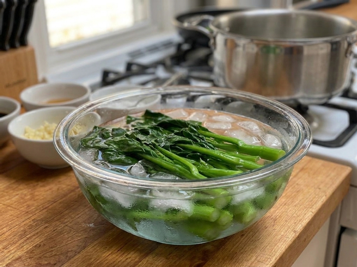Blanched Chinese broccoli cooling in a bowl of ice water on a kitchen counter