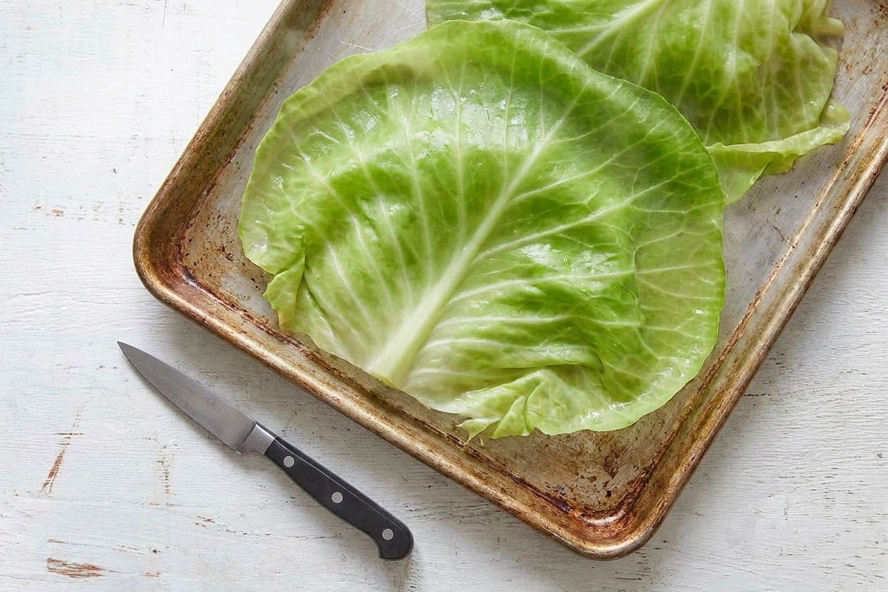 Blanched cabbage leaves laid flat on a baking sheet to cool, with a paring knife nearby for trimming ribs