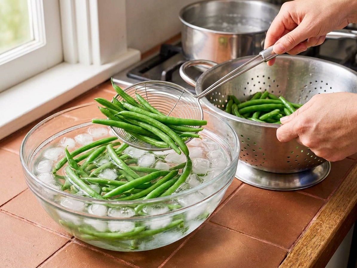 Blanched green beans sitting in a bowl of ice water beside a colander on a kitchen counter
