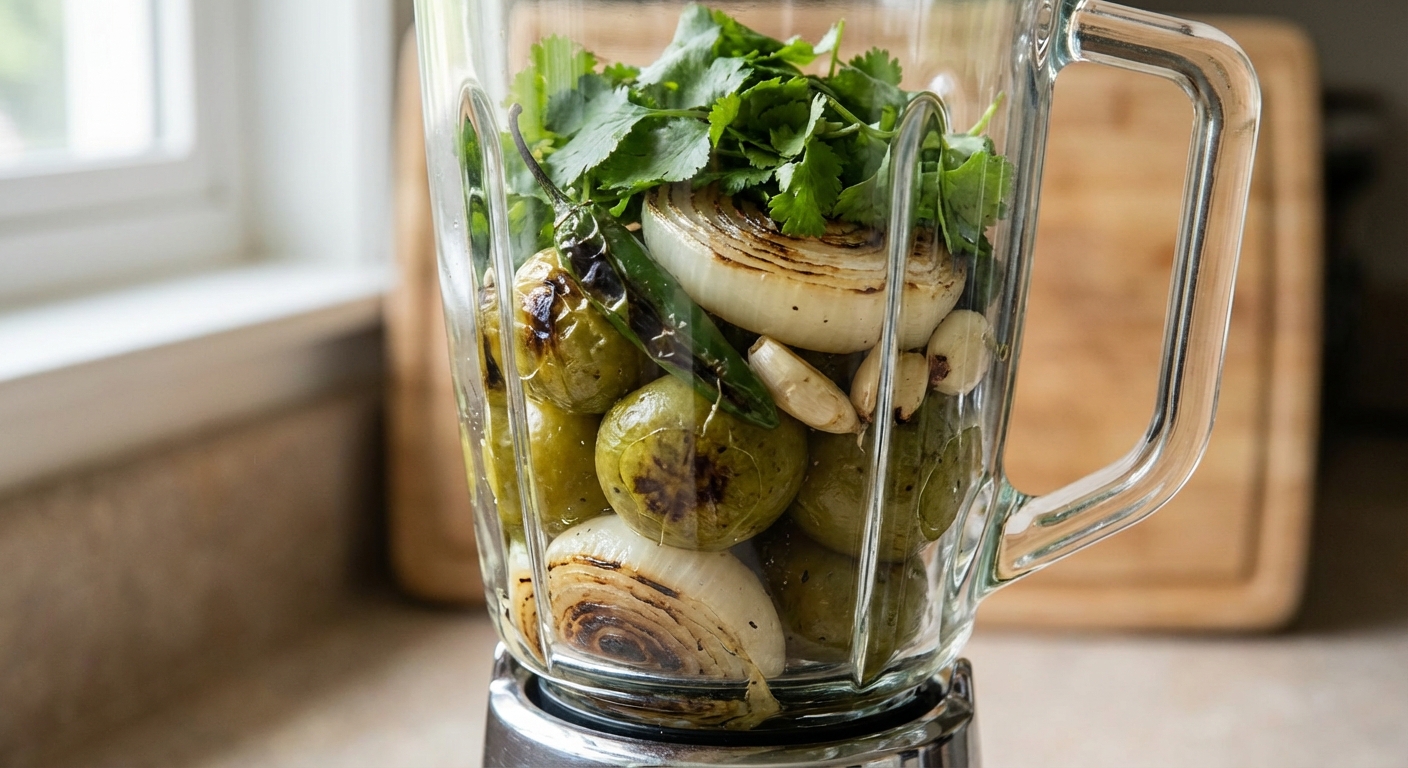 Blender jar filled with roasted tomatillos, chiles, onion, garlic, and cilantro before blending into salsa verde