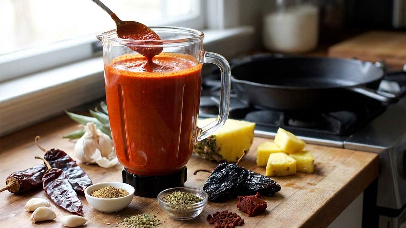 Blender jar filled with smooth red al pastor marinade on a kitchen counter with a spoon and spices nearby