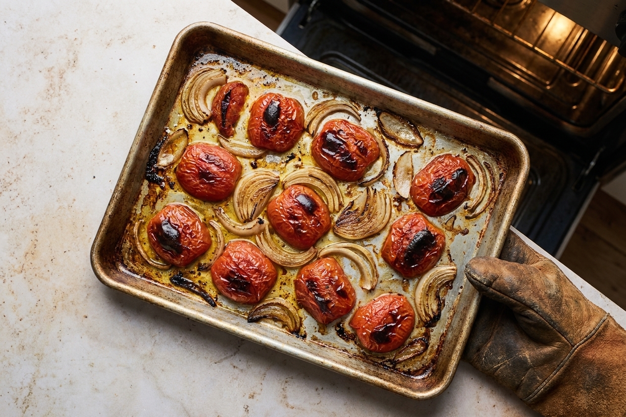 Blistered broiled tomatoes and browned onion slices on a sheet pan near an oven, warm kitchen lighting