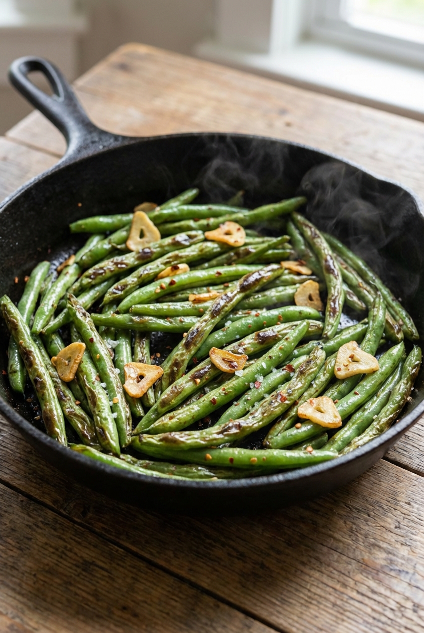 Blistered green beans in a skillet with sliced garlic