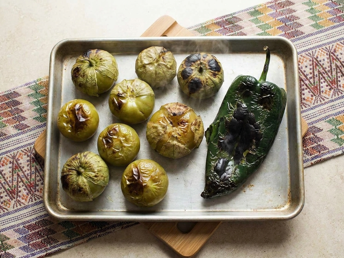 Blistered tomatillos and a charred poblano pepper on a sheet pan just out of the oven