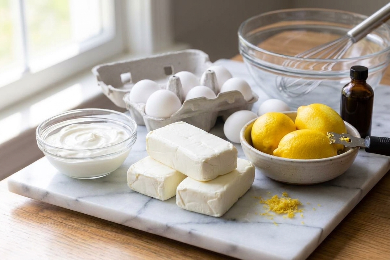 Blocks of cream cheese, a bowl of sour cream, whole eggs, lemons, and vanilla on a clean kitchen counter ready for baking
