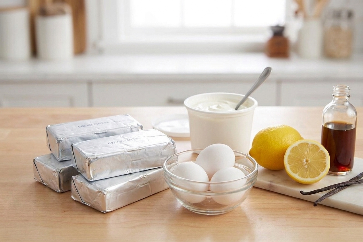Blocks of cream cheese, eggs, sour cream, lemons, and vanilla arranged on a bright kitchen counter ready for baking