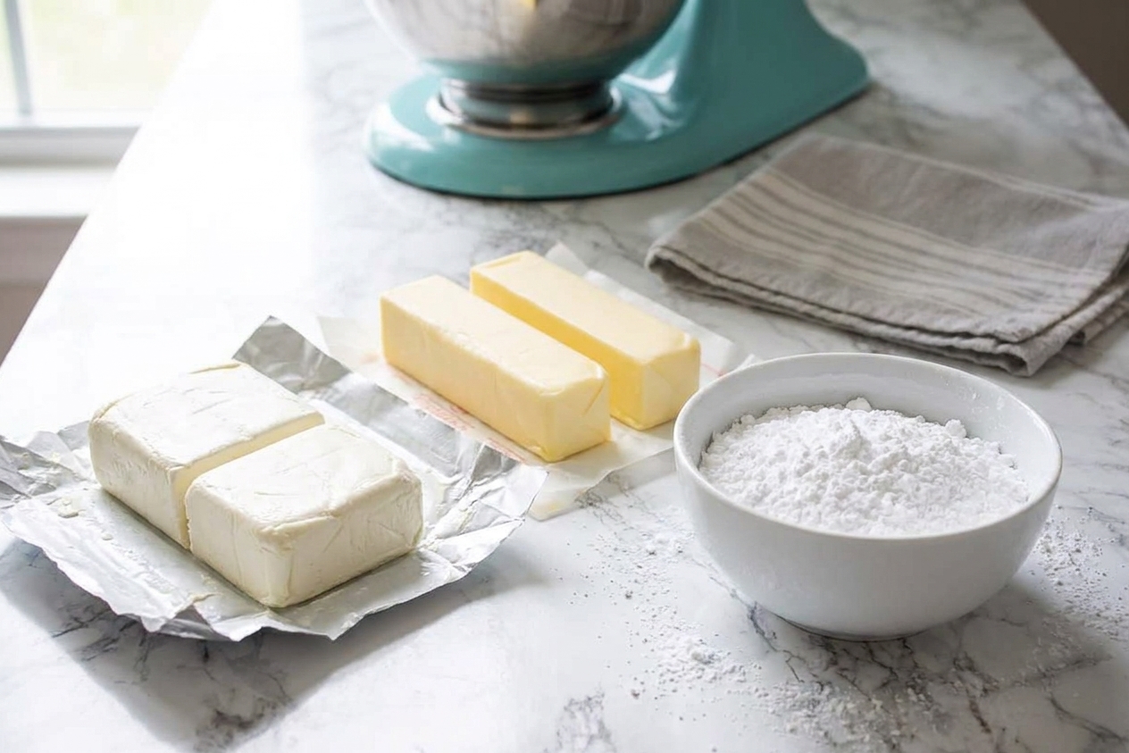 Blocks of cream cheese, sticks of butter, and a bowl of powdered sugar arranged on a clean kitchen counter in soft natural light