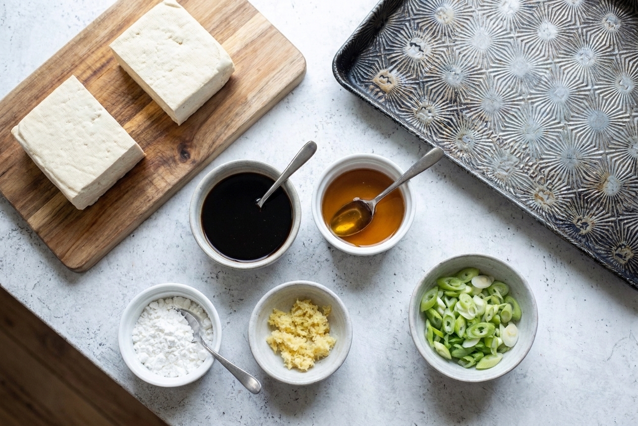 Blocks of extra-firm tofu, a small bowl of cornstarch, soy sauce, sesame oil, garlic, and ginger arranged on a bright kitchen counter with a sheet pan nearby