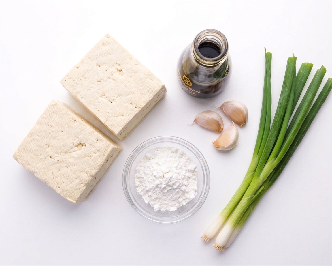 Blocks of extra firm tofu, a small bowl of cornstarch, soy sauce, garlic, and green onions arranged on a clean kitchen counter