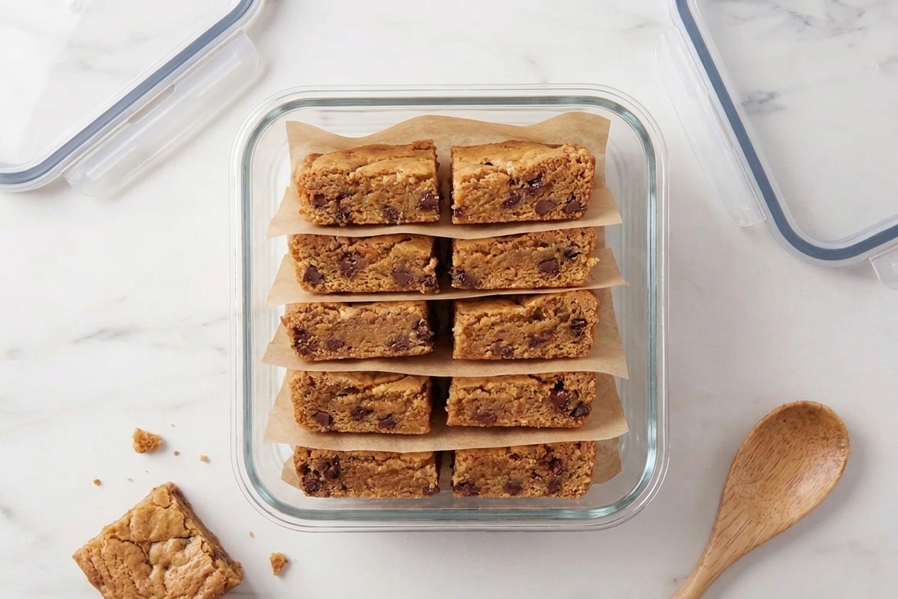 Blondie squares stacked in an airtight container with parchment paper between layers on a kitchen counter