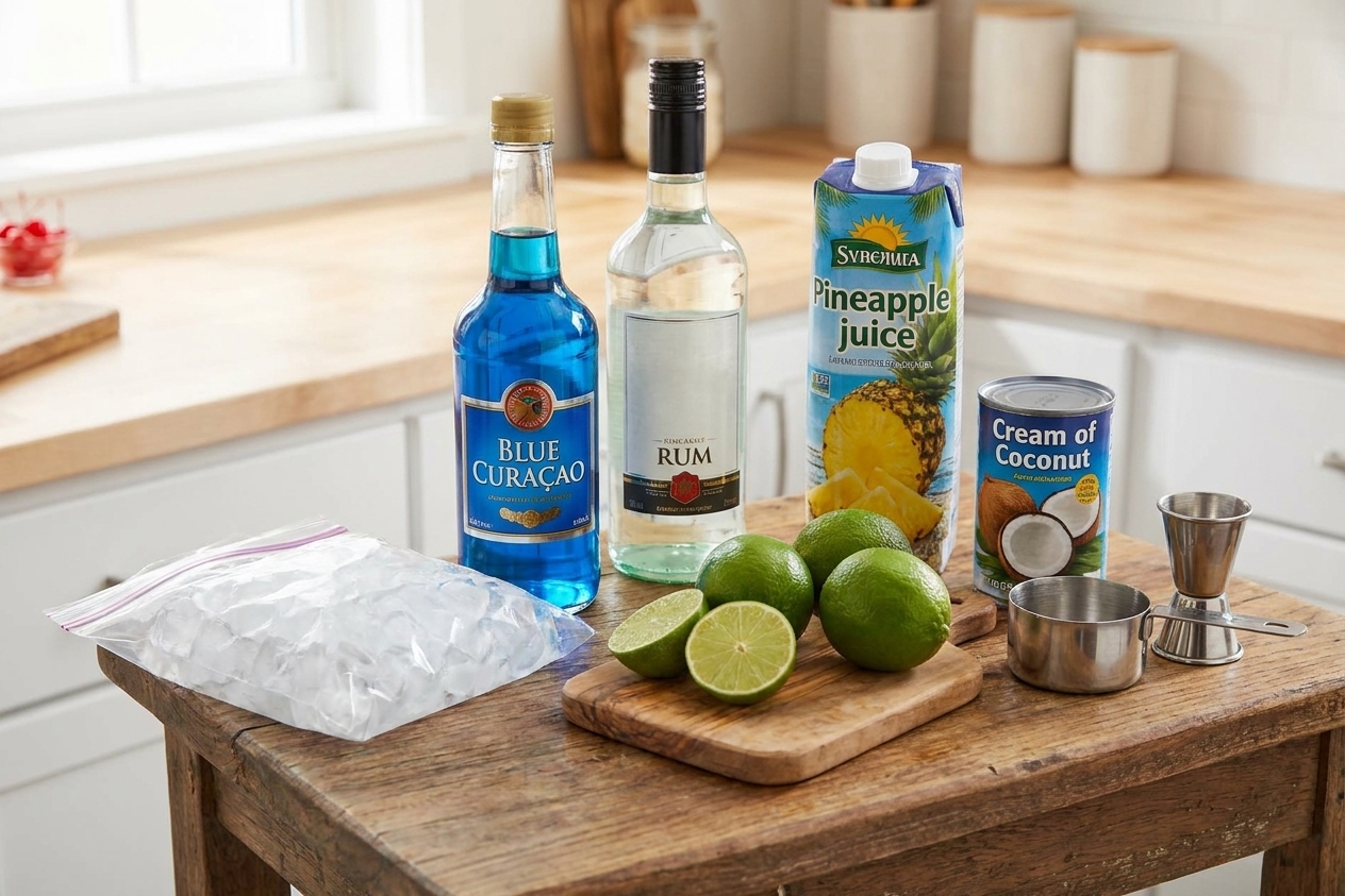 Blue curaçao, white rum, pineapple juice, cream of coconut, limes, and a bag of ice arranged on a home kitchen counter with measuring tools