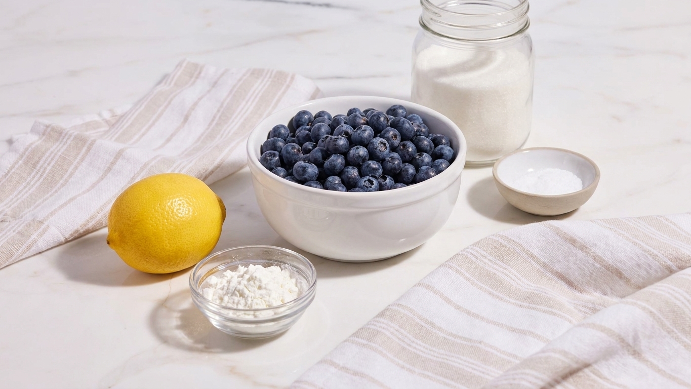 Blueberries, a lemon, cornstarch, sugar, and salt arranged on a kitchen counter ready to make pie filling