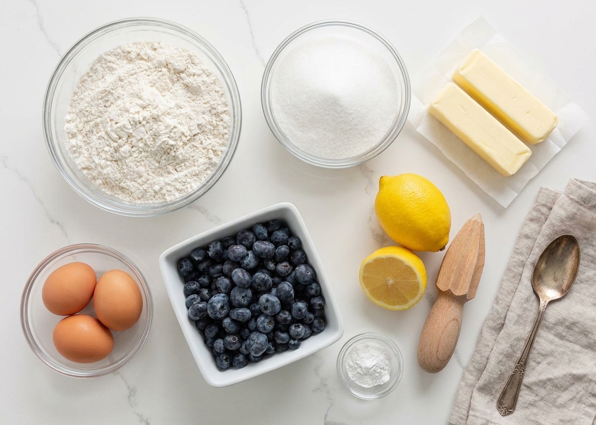 Blueberries, flour, sugar, butter, eggs, lemon, and baking powder arranged on a kitchen counter ready for baking
